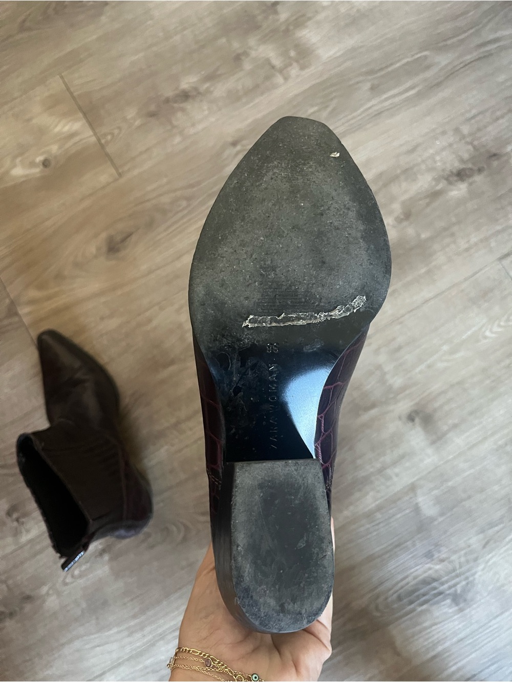 Zara Croc-Embossed Pointed Ankle Boots - Dark Burgundy - Picture 4 of 5